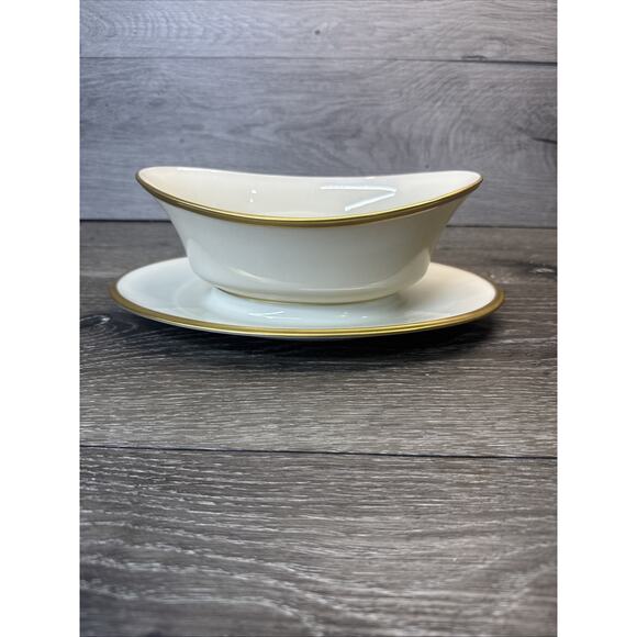 Lenox China Eternal Gravy Boat Attached Underplate Gold Trim USA - Picture 1 of 11